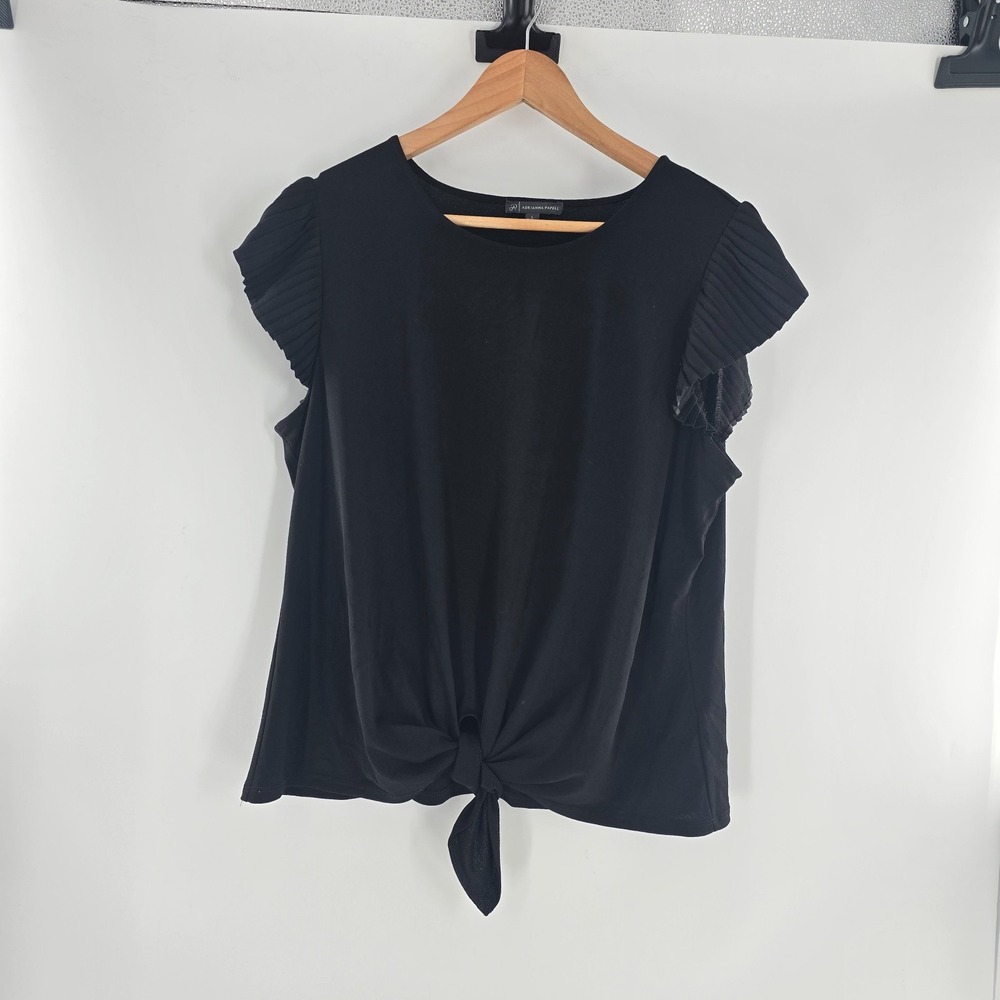 Adrianna Papell Womens Black flutter-sleeve tie-front knit blouse Sz Large